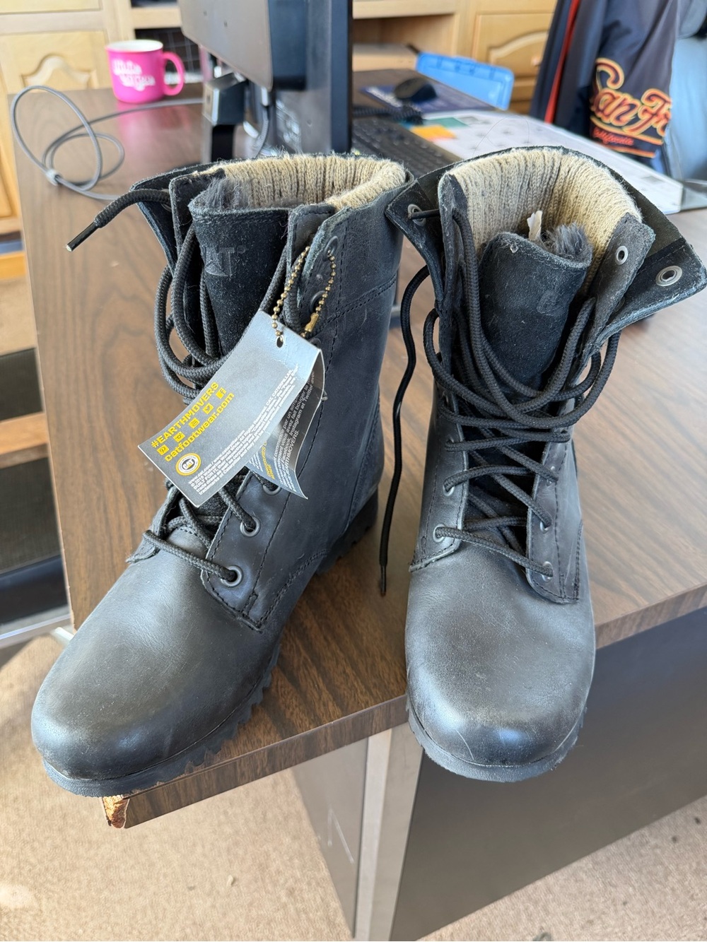 Caterpillar Black Lace-Up Combat Boots with Faux Fur Trim